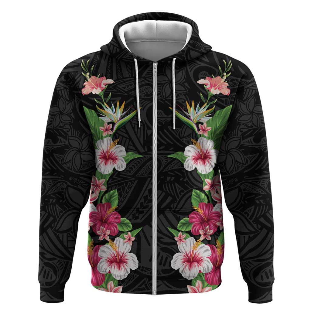 Hawaii Tropical Flowers Hoodie Black Polynesian Tattoo Art LT05 Zip Hoodie Black - Polynesian Pride