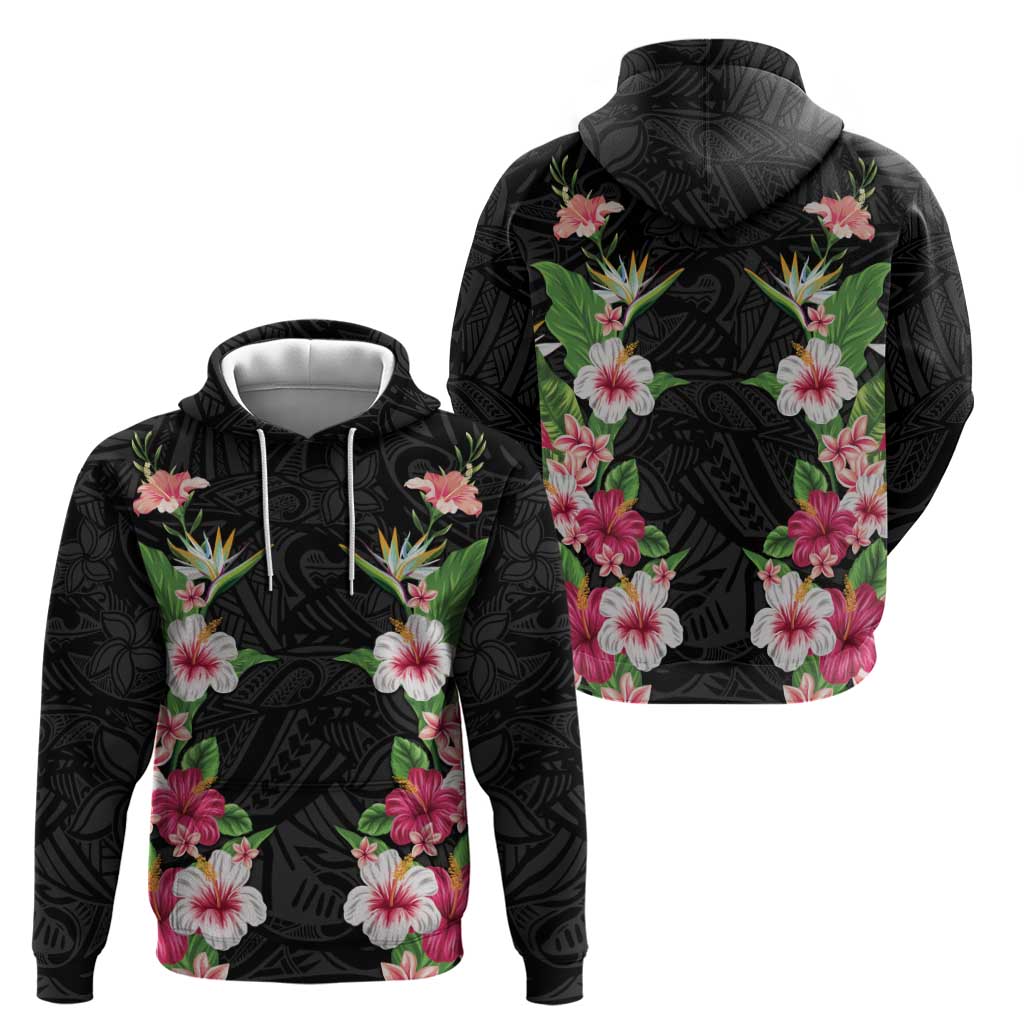 Hawaii Tropical Flowers Hoodie Black Polynesian Tattoo Art LT05 - Polynesian Pride