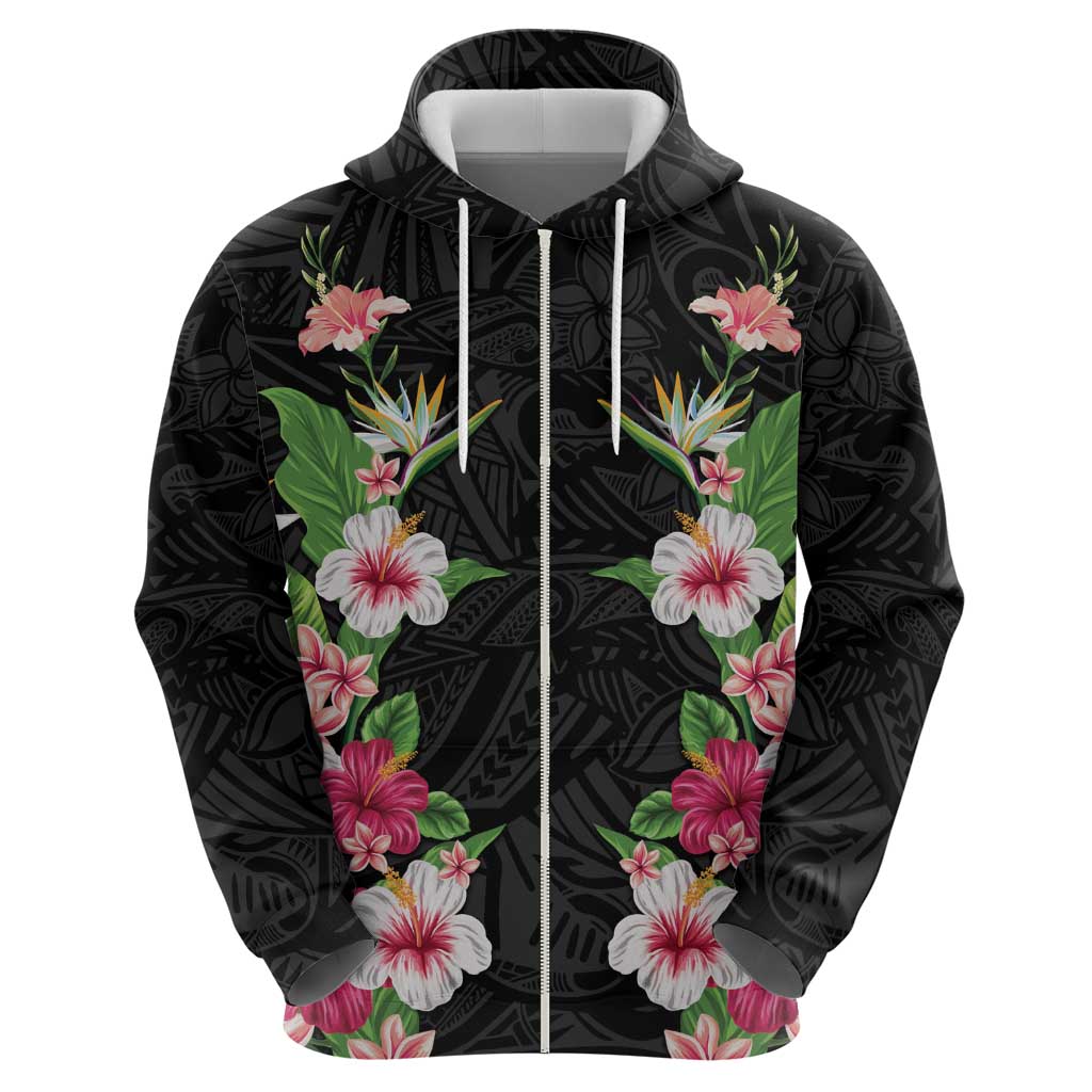 Hawaii Tropical Flowers Hoodie Black Polynesian Tattoo Art LT05 - Polynesian Pride