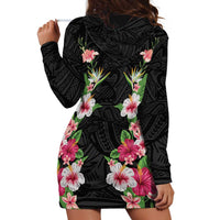 Hawaii Tropical Flowers Hoodie Dress Black Polynesian Tattoo Art LT05 - Polynesian Pride