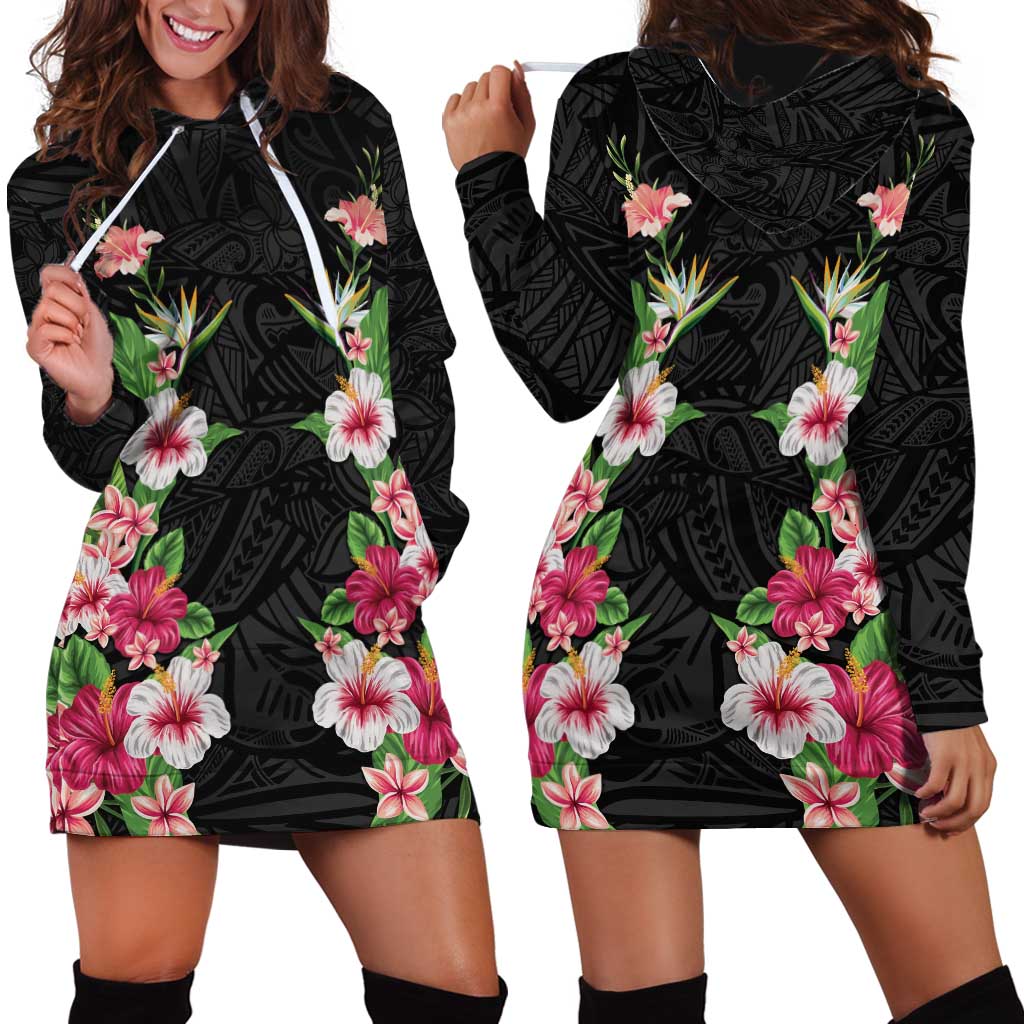 Hawaii Tropical Flowers Hoodie Dress Black Polynesian Tattoo Art LT05 - Polynesian Pride