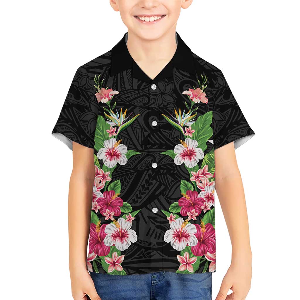 Hawaii Tropical Flowers Kid Hawaiian Shirt Black Polynesian Tattoo Art LT05 Kid Black - Polynesian Pride
