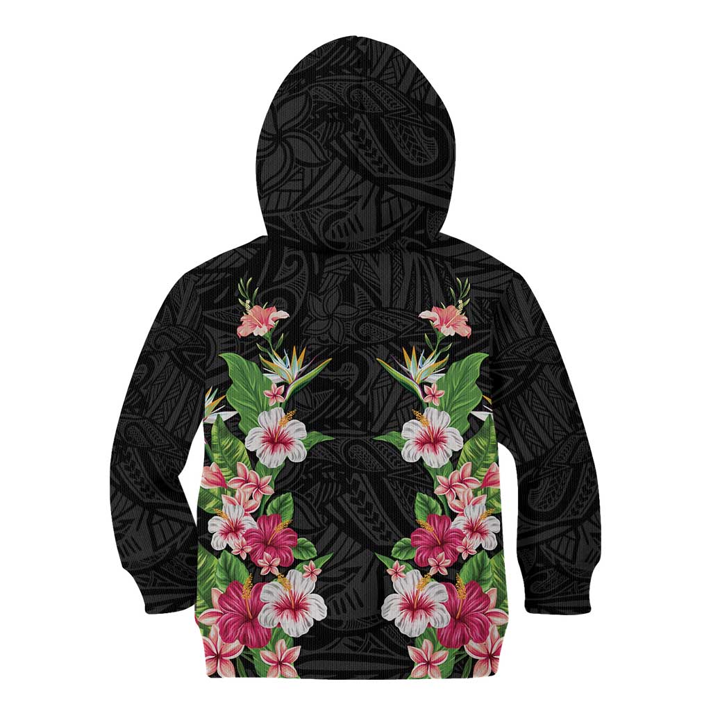 Hawaii Tropical Flowers Kid Hoodie Black Polynesian Tattoo Art LT05 - Polynesian Pride