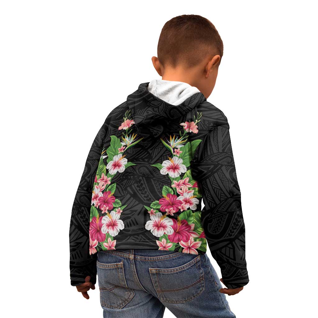 Hawaii Tropical Flowers Kid Hoodie Black Polynesian Tattoo Art LT05 - Polynesian Pride