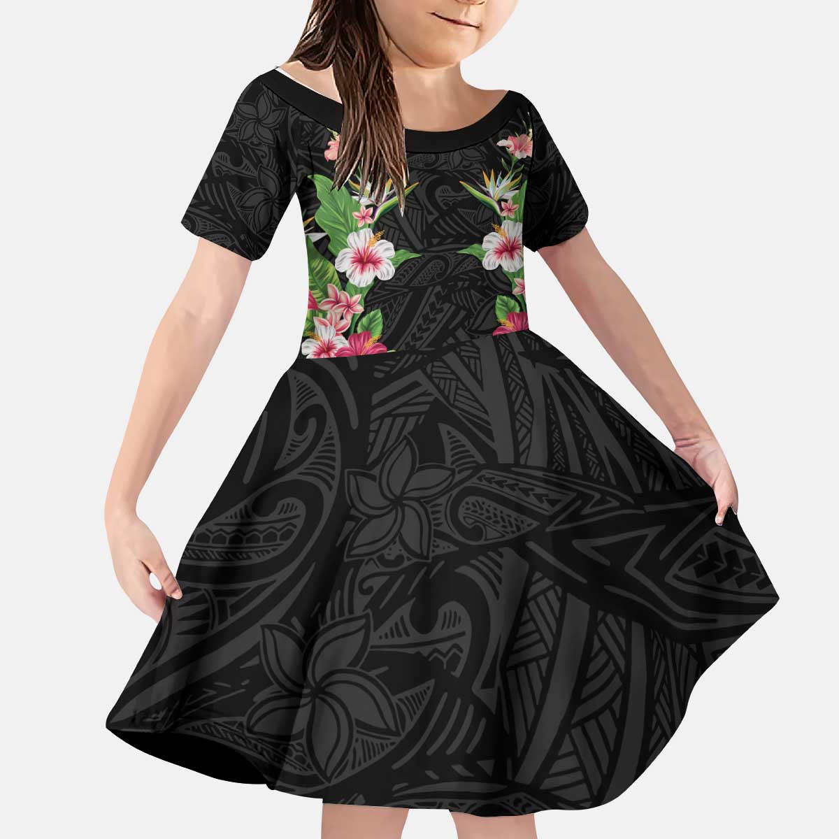 Hawaii Tropical Flowers Kid Short Sleeve Dress Black Polynesian Tattoo Art LT05 KID Black - Polynesian Pride