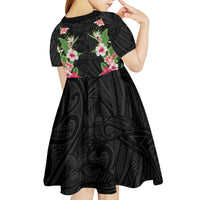 Hawaii Tropical Flowers Kid Short Sleeve Dress Black Polynesian Tattoo Art LT05 - Polynesian Pride