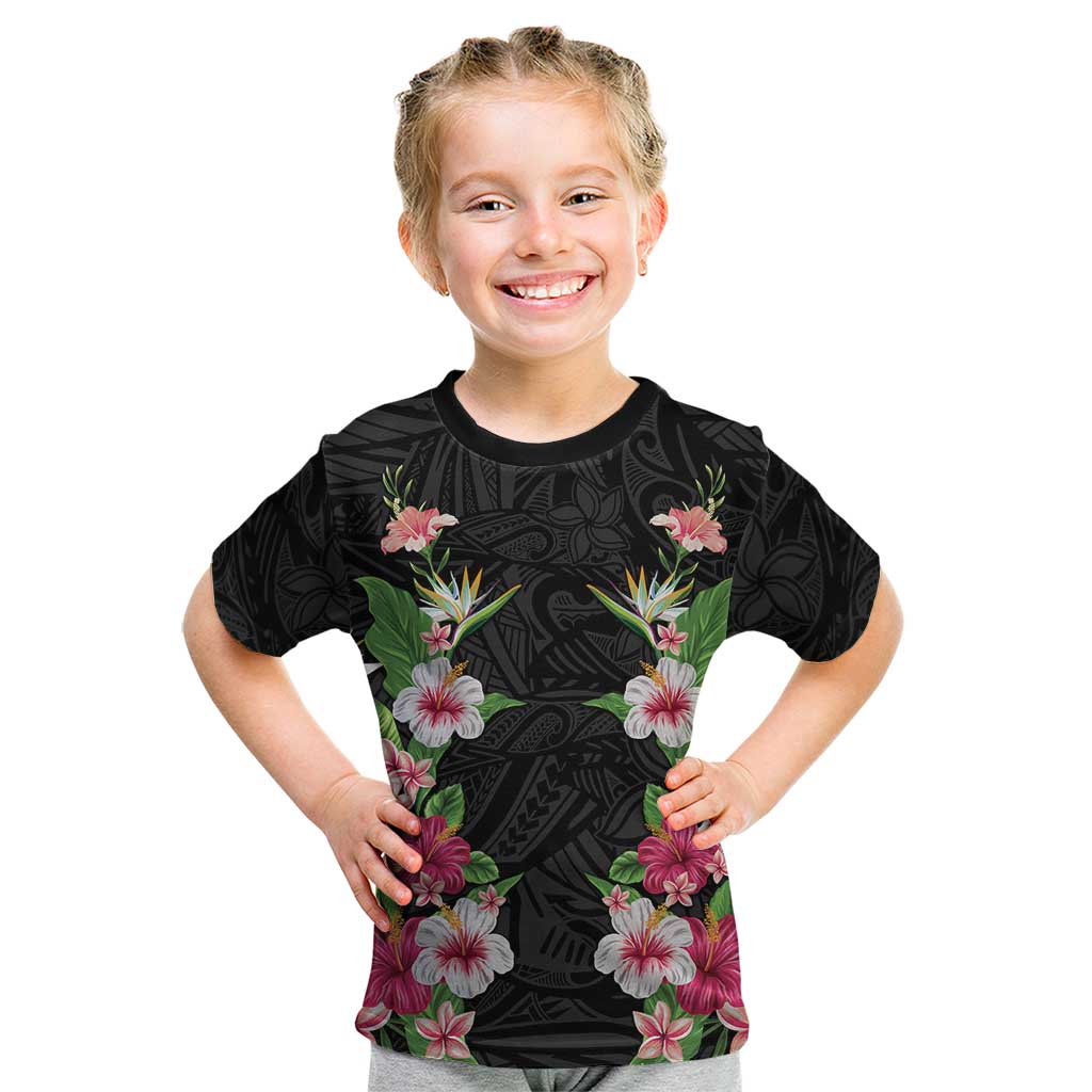 Hawaii Tropical Flowers Kid T Shirt Black Polynesian Tattoo Art LT05 Black - Polynesian Pride