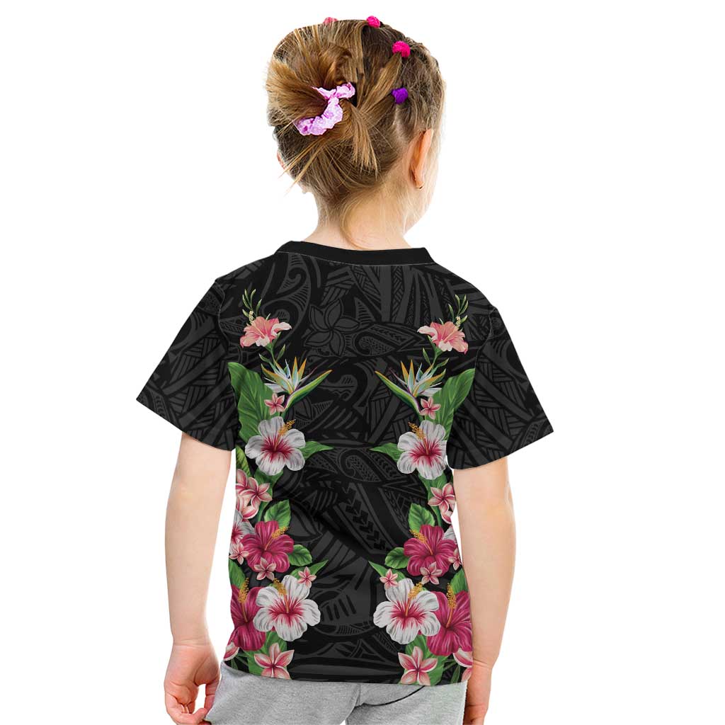 Hawaii Tropical Flowers Kid T Shirt Black Polynesian Tattoo Art LT05 - Polynesian Pride