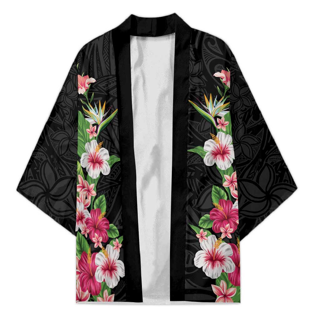 Hawaii Tropical Flowers Kimono Black Polynesian Tattoo Art LT05 Unisex Black - Polynesian Pride