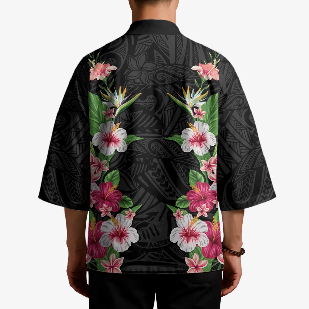 Hawaii Tropical Flowers Kimono Black Polynesian Tattoo Art LT05 - Polynesian Pride