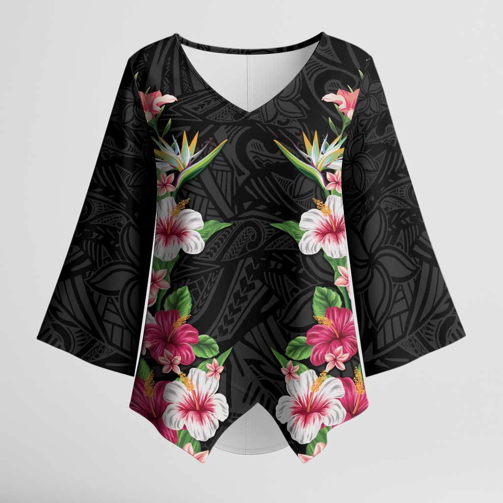 Hawaii Tropical Flowers Kimono Sleeve Blouse Black Polynesian Tattoo Art