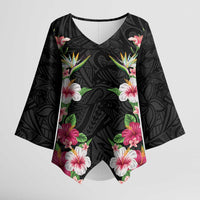 Hawaii Tropical Flowers Kimono Sleeve Blouse Black Polynesian Tattoo Art