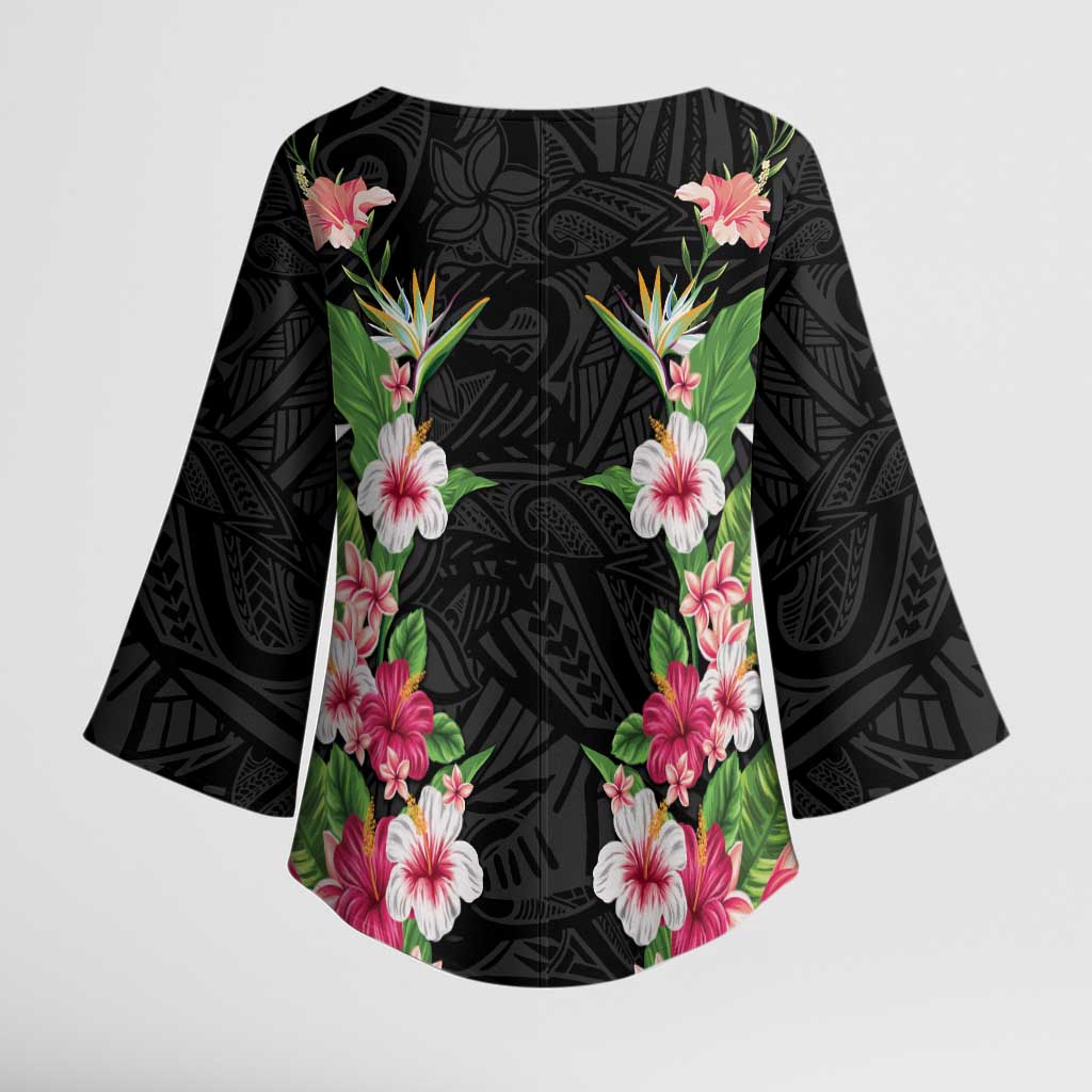 Hawaii Tropical Flowers Kimono Sleeve Blouse Black Polynesian Tattoo Art
