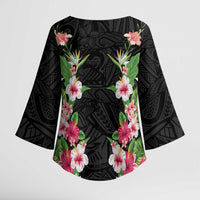 Hawaii Tropical Flowers Kimono Sleeve Blouse Black Polynesian Tattoo Art