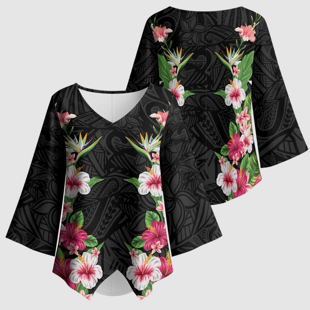 Hawaii Tropical Flowers Kimono Sleeve Blouse Black Polynesian Tattoo Art
