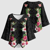 Hawaii Tropical Flowers Kimono Sleeve Blouse Black Polynesian Tattoo Art