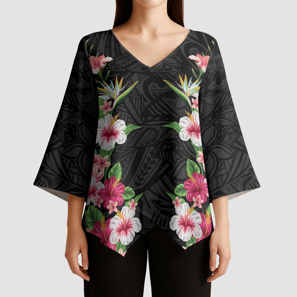 Hawaii Tropical Flowers Kimono Sleeve Blouse Black Polynesian Tattoo Art