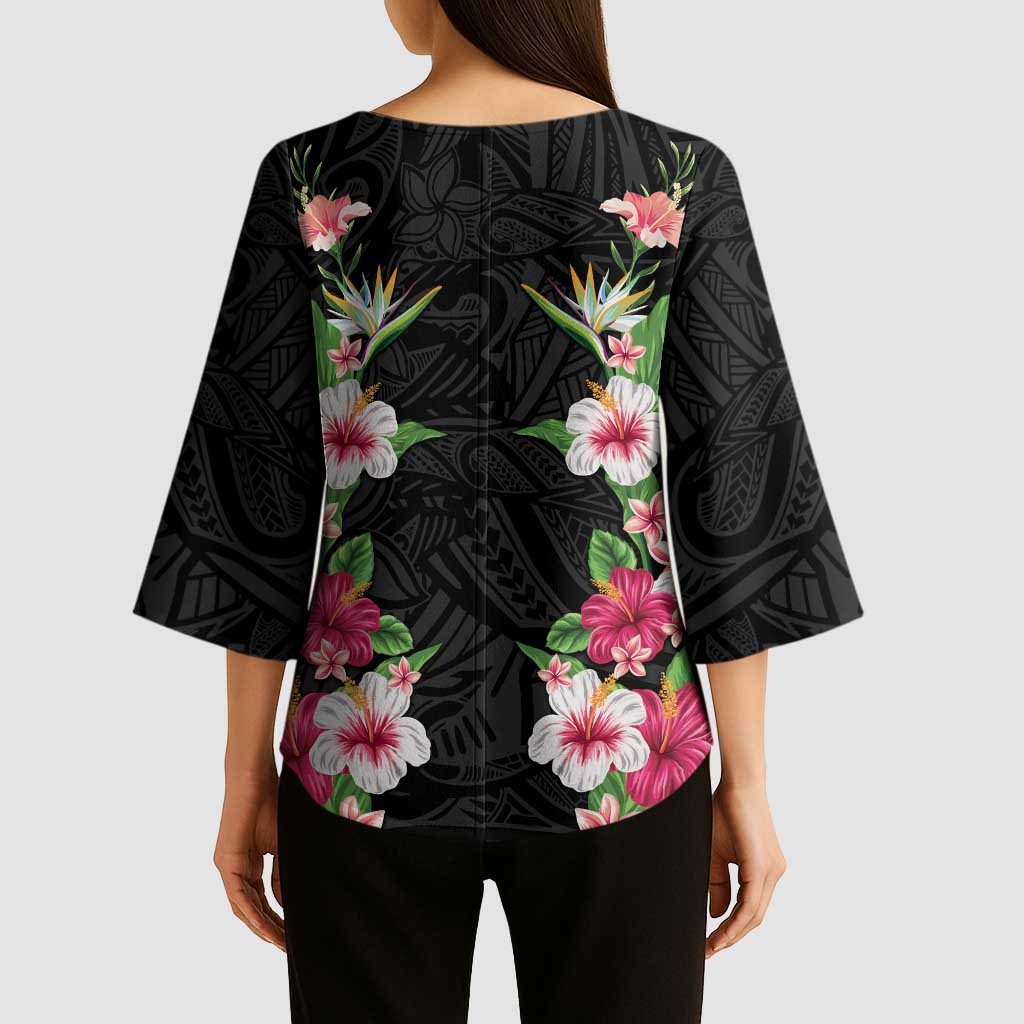 Hawaii Tropical Flowers Kimono Sleeve Blouse Black Polynesian Tattoo Art