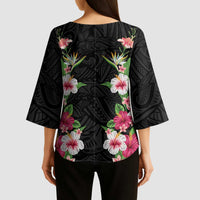 Hawaii Tropical Flowers Kimono Sleeve Blouse Black Polynesian Tattoo Art
