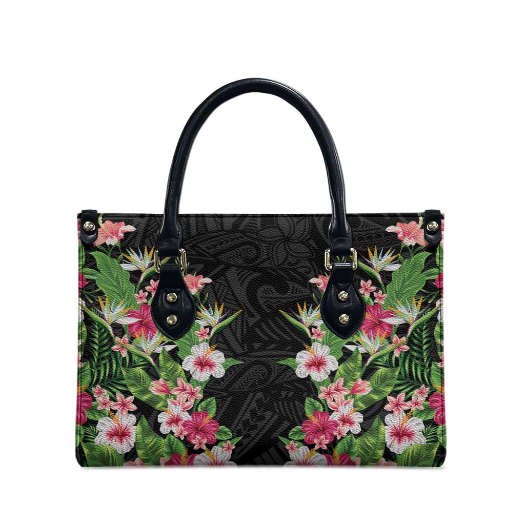 Hawaii Tropical Flowers Leather Bag Black Polynesian Tattoo Art LT05 - Polynesian Pride