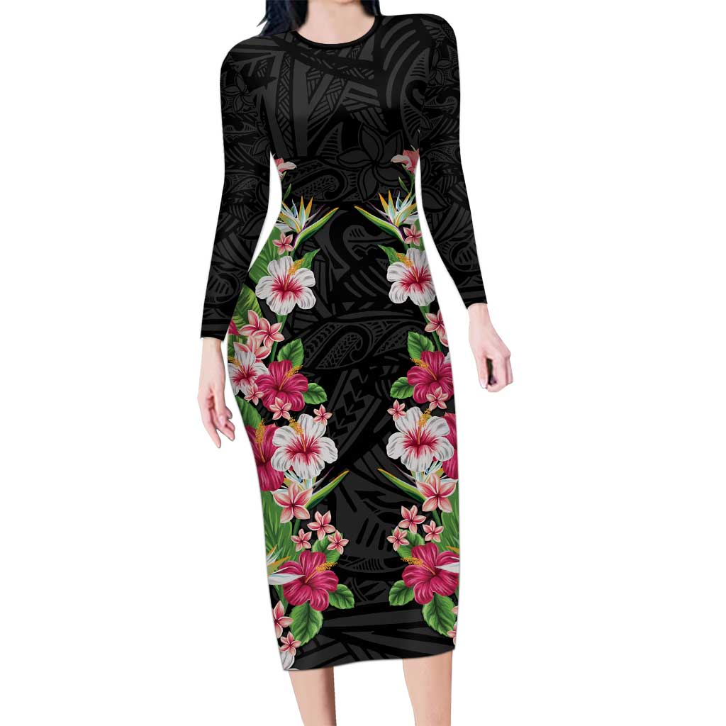 Hawaii Tropical Flowers Long Sleeve Bodycon Dress Black Polynesian Tattoo Art LT05 Long Dress Black - Polynesian Pride