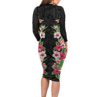 Hawaii Tropical Flowers Long Sleeve Bodycon Dress Black Polynesian Tattoo Art LT05 - Polynesian Pride