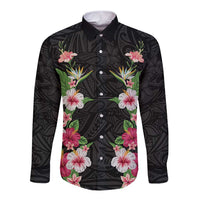 Hawaii Tropical Flowers Long Sleeve Button Shirt Black Polynesian Tattoo Art LT05 Unisex Black - Polynesian Pride
