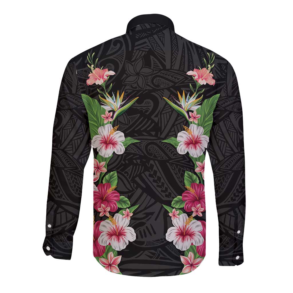 Hawaii Tropical Flowers Long Sleeve Button Shirt Black Polynesian Tattoo Art LT05 - Polynesian Pride