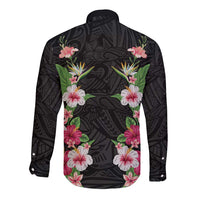 Hawaii Tropical Flowers Long Sleeve Button Shirt Black Polynesian Tattoo Art LT05 - Polynesian Pride
