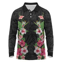 Hawaii Tropical Flowers Long Sleeve Polo Shirt Black Polynesian Tattoo Art LT05 Black - Polynesian Pride