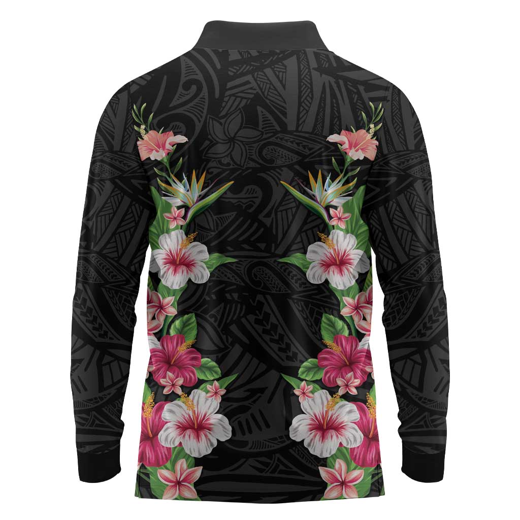Hawaii Tropical Flowers Long Sleeve Polo Shirt Black Polynesian Tattoo Art LT05 - Polynesian Pride