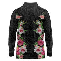 Hawaii Tropical Flowers Long Sleeve Polo Shirt Black Polynesian Tattoo Art LT05 - Polynesian Pride
