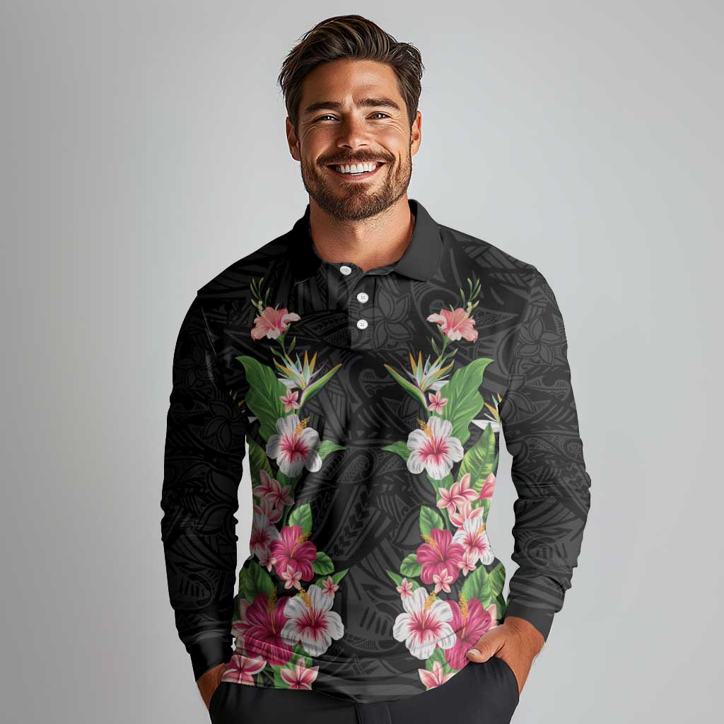 Hawaii Tropical Flowers Long Sleeve Polo Shirt Black Polynesian Tattoo Art LT05 - Polynesian Pride
