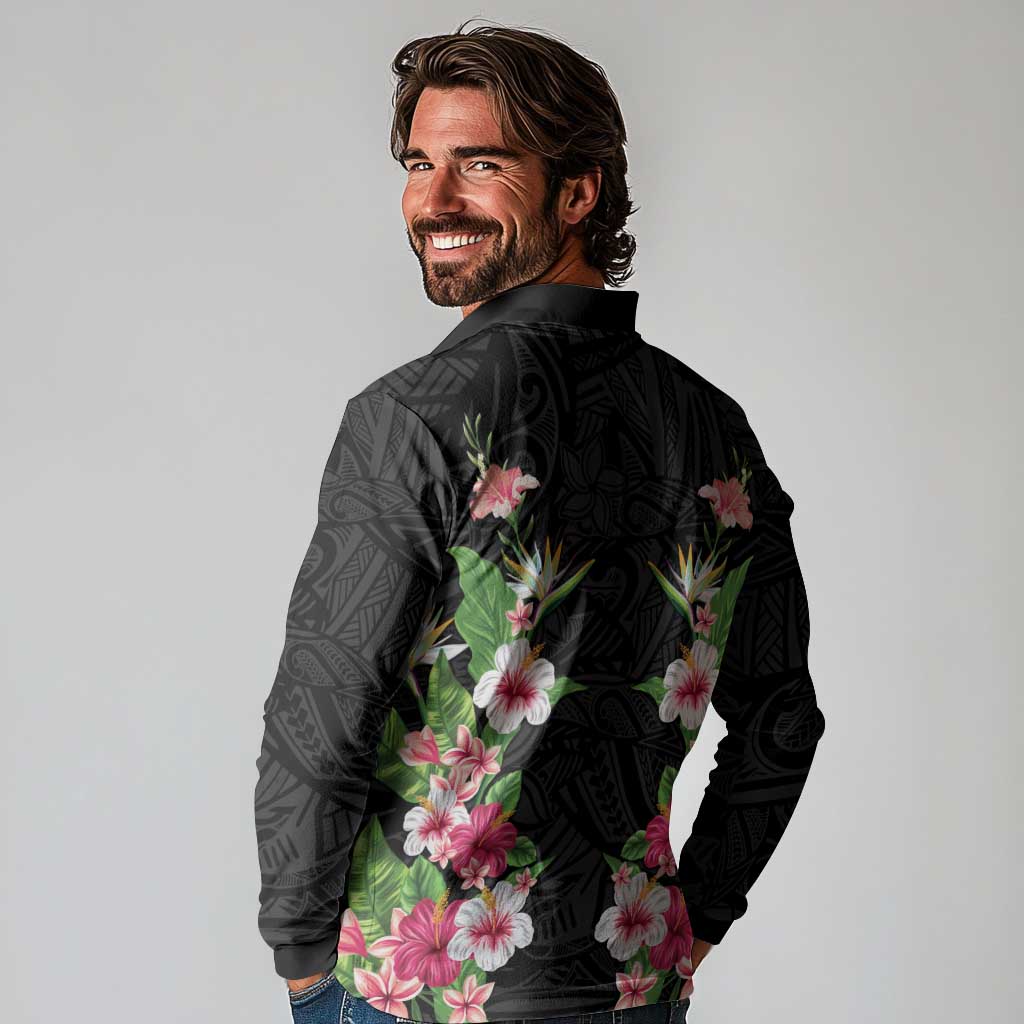 Hawaii Tropical Flowers Long Sleeve Polo Shirt Black Polynesian Tattoo Art LT05 - Polynesian Pride