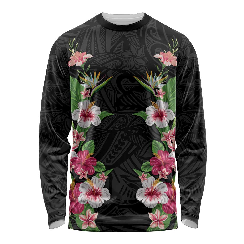 Hawaii Tropical Flowers Long Sleeve Shirt Black Polynesian Tattoo Art LT05 Unisex Black - Polynesian Pride