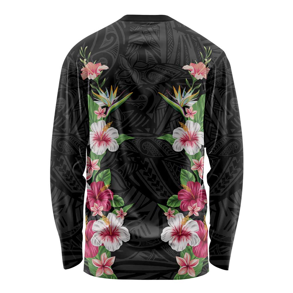 Hawaii Tropical Flowers Long Sleeve Shirt Black Polynesian Tattoo Art LT05 - Polynesian Pride