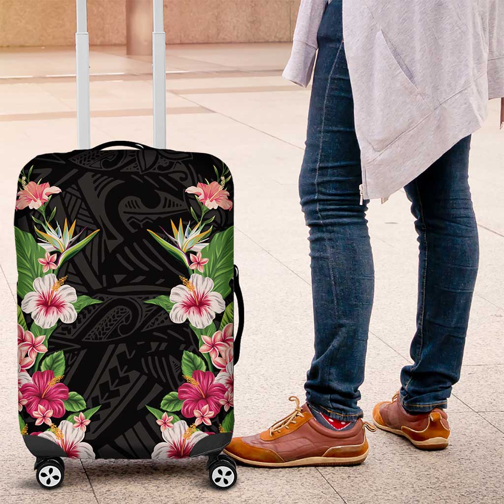 Hawaii Tropical Flowers Luggage Cover Black Polynesian Tattoo Art LT05 Black - Polynesian Pride