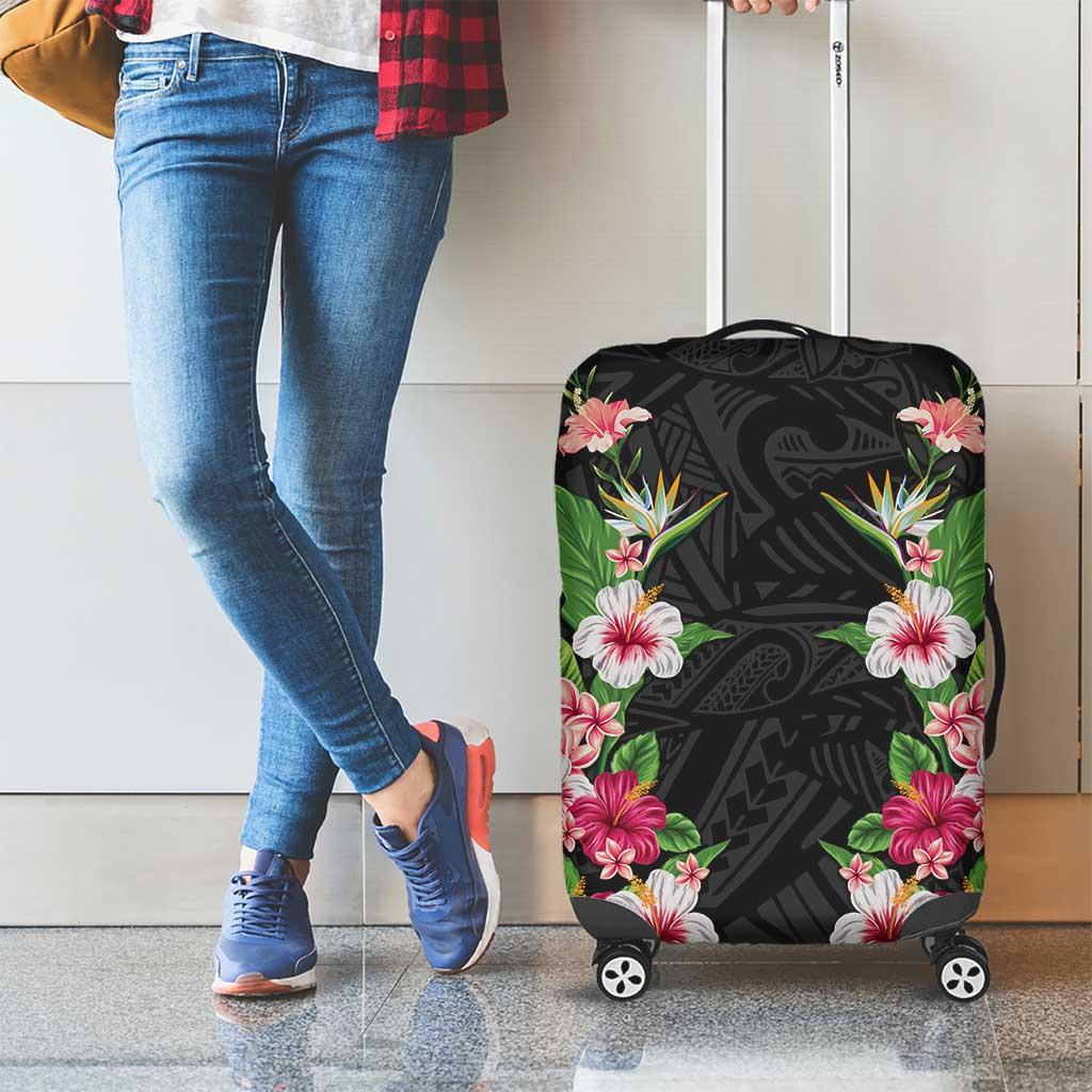 Hawaii Tropical Flowers Luggage Cover Black Polynesian Tattoo Art LT05 - Polynesian Pride