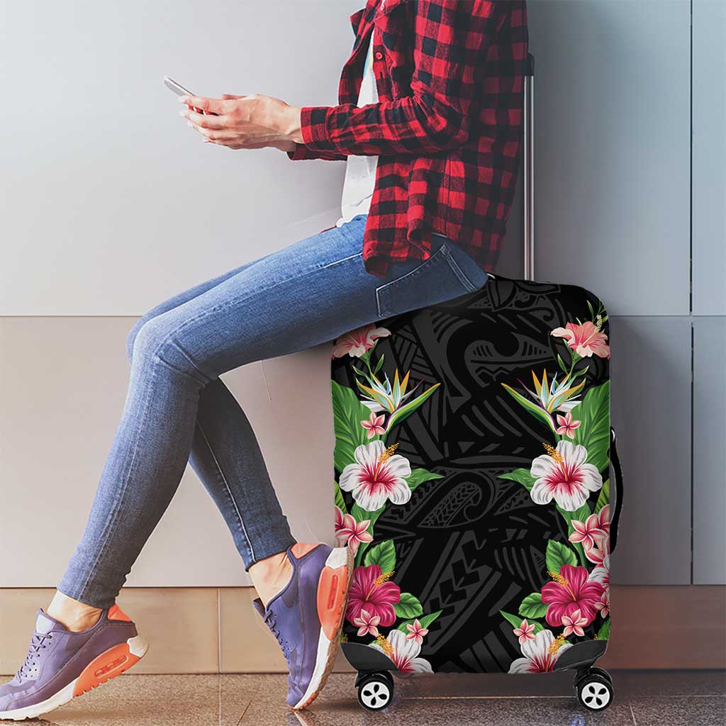 Hawaii Tropical Flowers Luggage Cover Black Polynesian Tattoo Art LT05 - Polynesian Pride