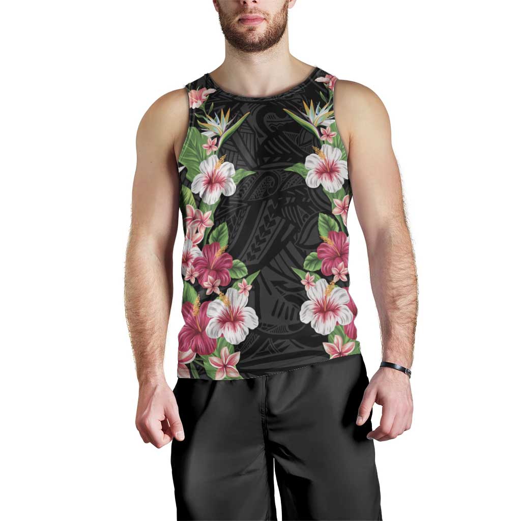 Hawaii Tropical Flowers Men Tank Top Black Polynesian Tattoo Art LT05 - Polynesian Pride