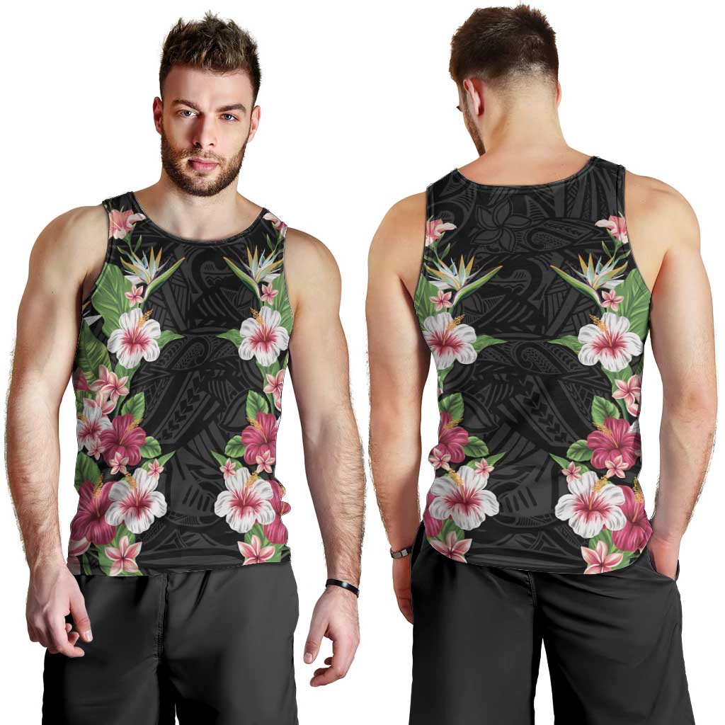 Hawaii Tropical Flowers Men Tank Top Black Polynesian Tattoo Art LT05 - Polynesian Pride