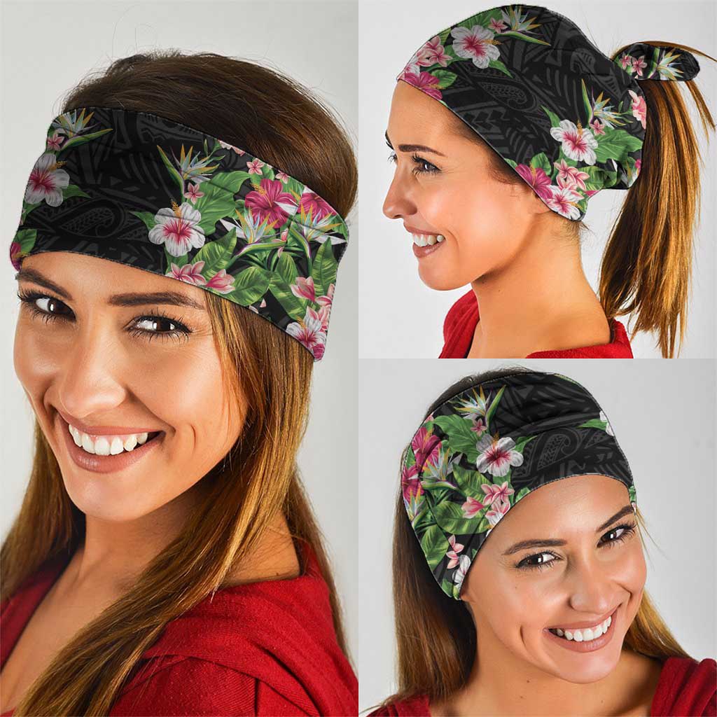 Hawaii Tropical Flowers Neck Gaiter Black Polynesian Tattoo Art LT05 - Polynesian Pride