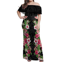 Hawaii Tropical Flowers Off Shoulder Maxi Dress Black Polynesian Tattoo Art LT05 Women Black - Polynesian Pride
