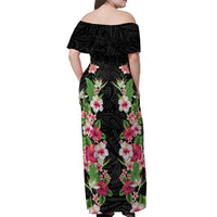 Hawaii Tropical Flowers Off Shoulder Maxi Dress Black Polynesian Tattoo Art LT05 - Polynesian Pride