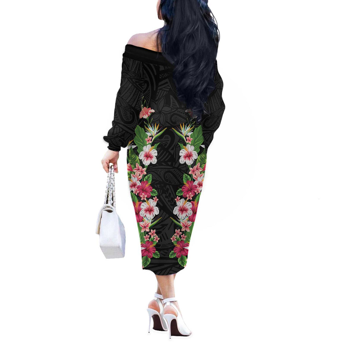 Hawaii Tropical Flowers Off The Shoulder Long Sleeve Dress Black Polynesian Tattoo Art LT05 - Polynesian Pride