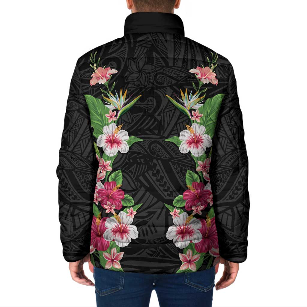 Hawaii Tropical Flowers Padded Jacket Black Polynesian Tattoo Art LT05 - Polynesian Pride