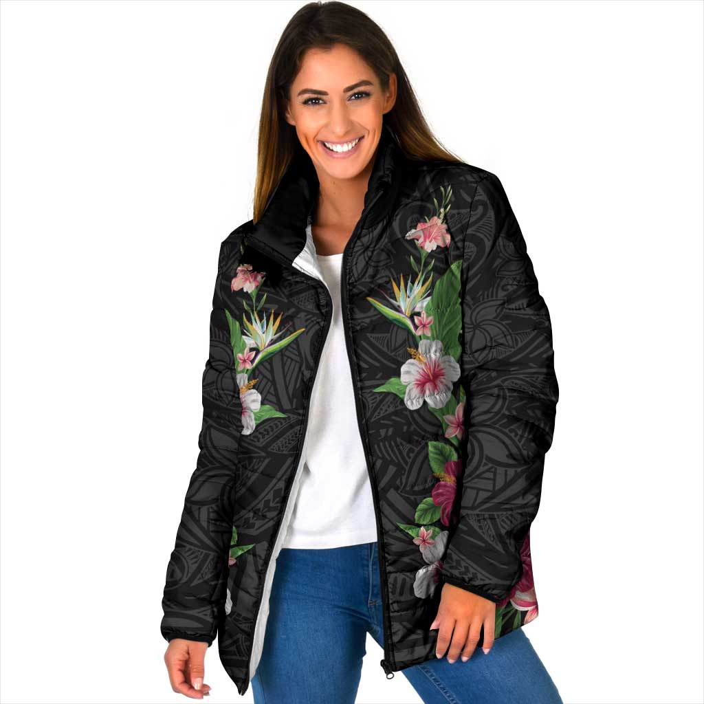 Hawaii Tropical Flowers Padded Jacket Black Polynesian Tattoo Art LT05 Women Black - Polynesian Pride