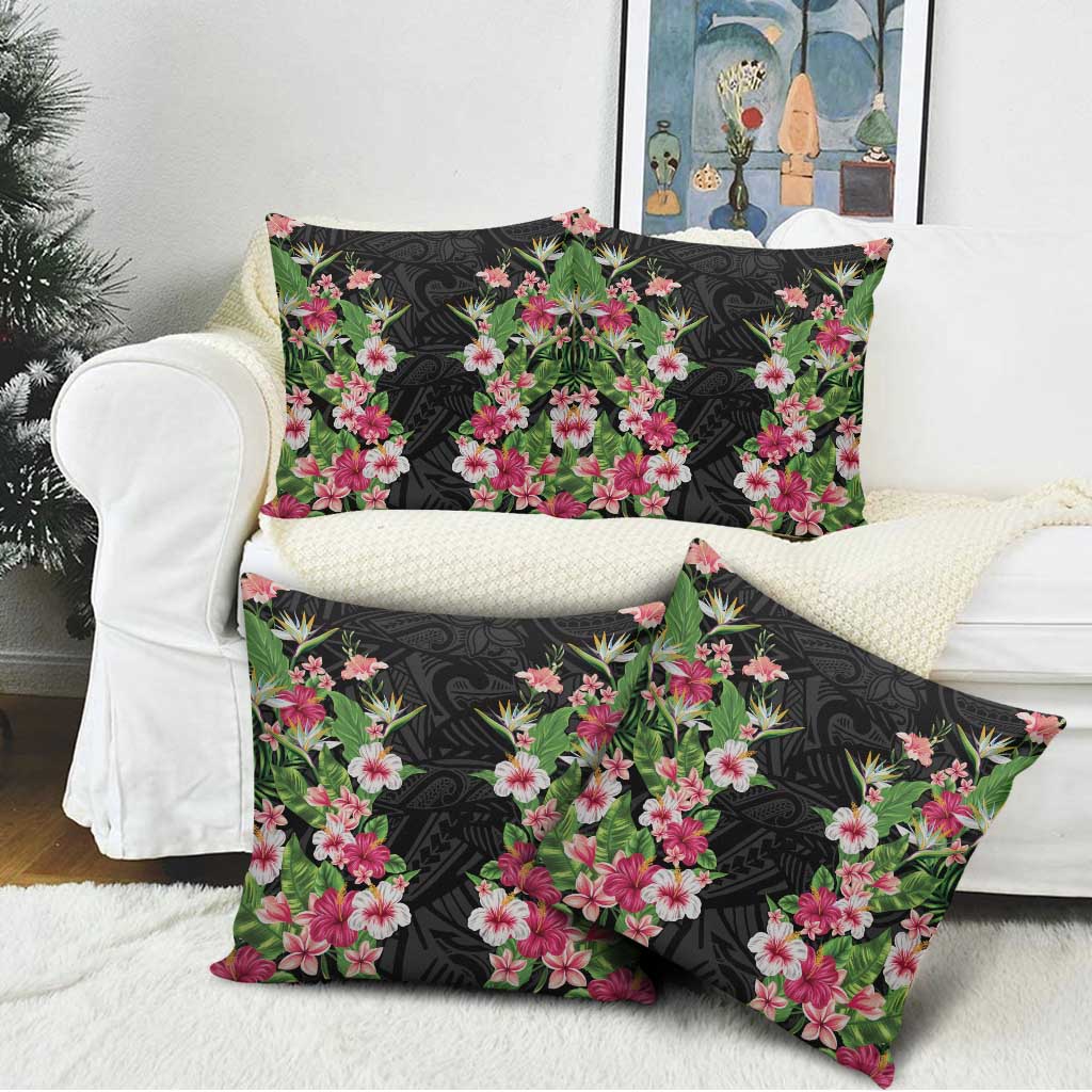 Hawaii Tropical Flowers Pillow Cover Black Polynesian Tattoo Art LT05 - Polynesian Pride