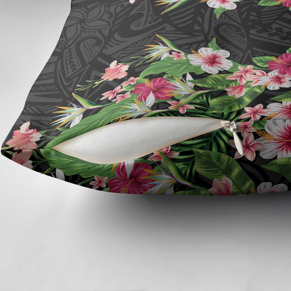Hawaii Tropical Flowers Pillow Cover Black Polynesian Tattoo Art LT05 - Polynesian Pride