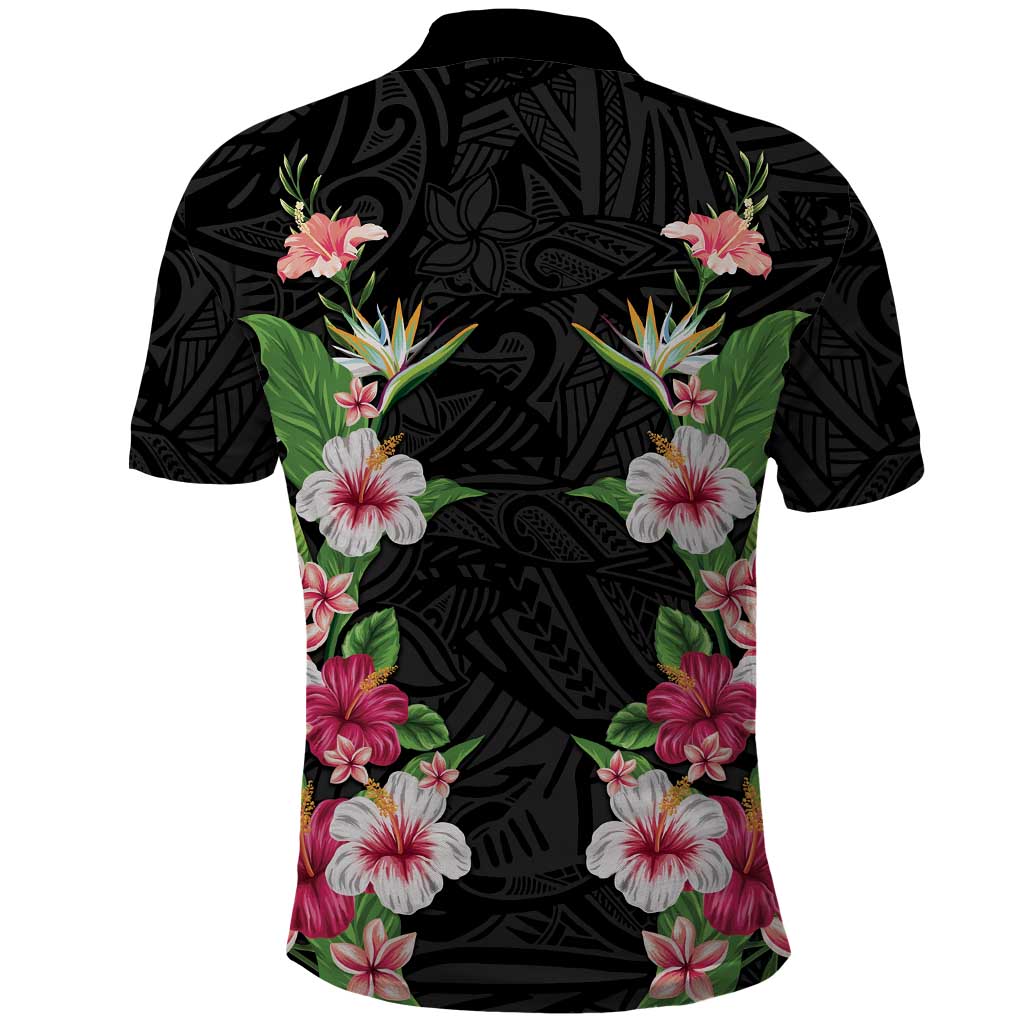 Hawaii Tropical Flowers Polo Shirt Black Polynesian Tattoo Art LT05 - Polynesian Pride